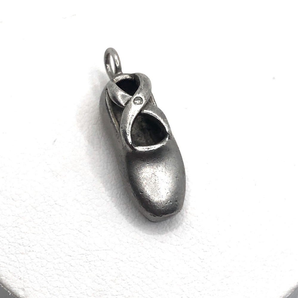 Vtg Sterling & Diamond Accent Ballet Slipper Pendant .8”